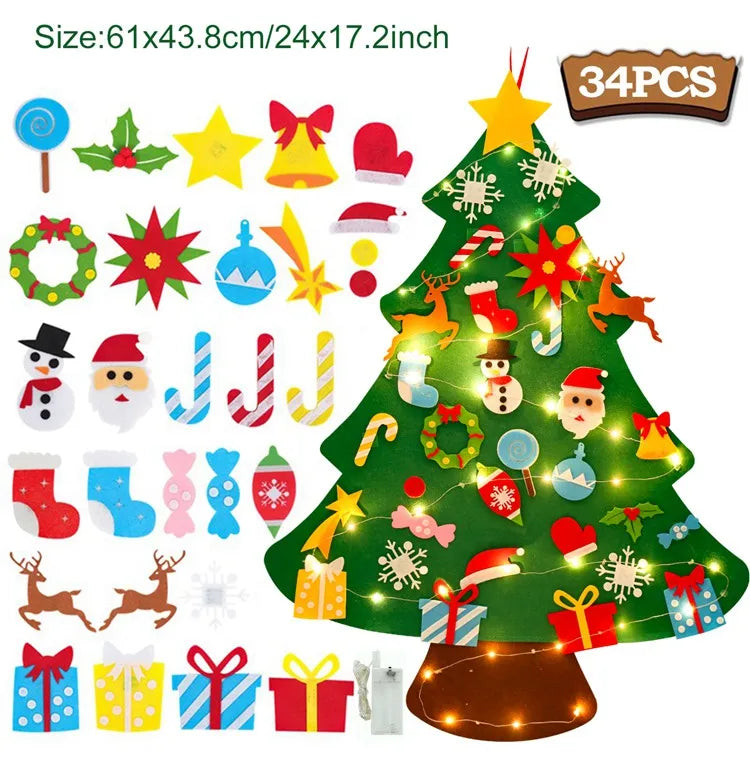 DIY sentiu a árvore de Natal com luz, decorações do Feliz Natal para a casa, ornamentos da árvore do Natal, presente do ano novo, 2024