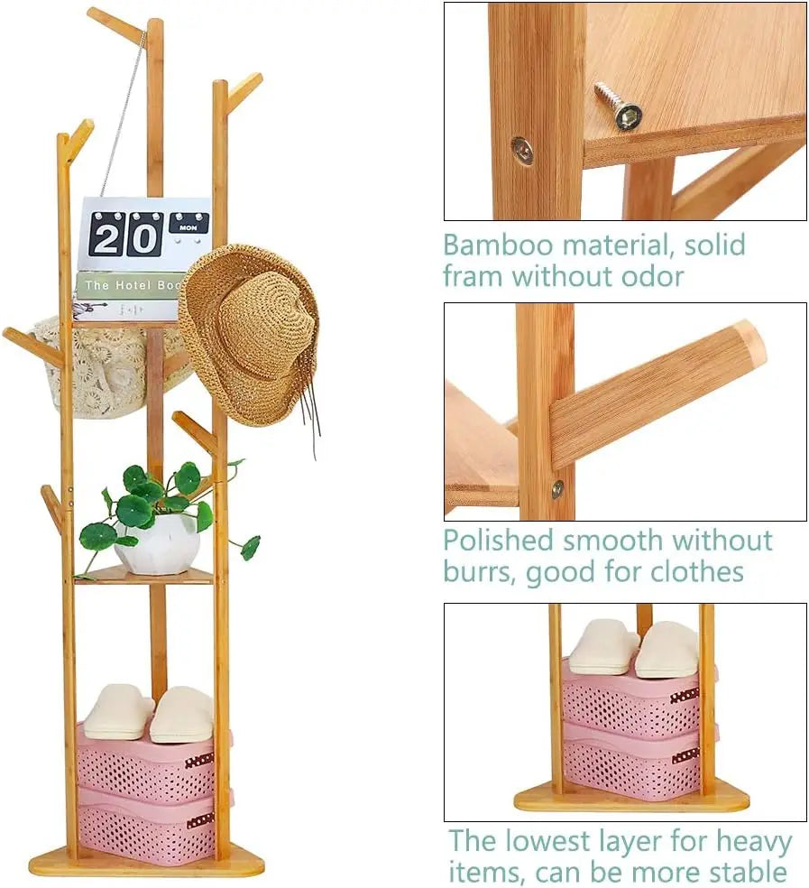 Cabideiro de Bambu: Cabideiro Robusto com 9 Ganchos e Base Estável, Cabideiro para Entrada, Capacidade Máxima de Carga 15kg, Ideal para Casa, Quarto, Sala de Estar, 160X36X36Cm
