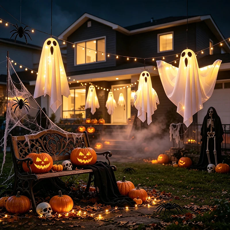 Decoração de Halloween: Lâmpada Fantasma Suspensa com LED, Decoração Suspensa de Fantasma, Presente para Festa de Halloween, Decoração para Casa e Jardim