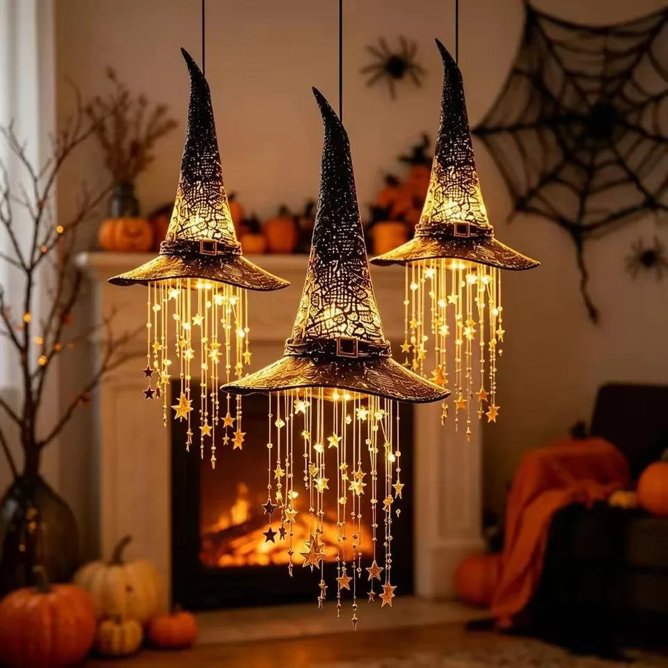 Chapéu de Bruxa Iluminado com Sino Pendurado, Ornamento de Halloween para Exterior, Estrelas em Cascata de Malha Brilhante, Decoração com Moldura Preta, Decoração de Festa