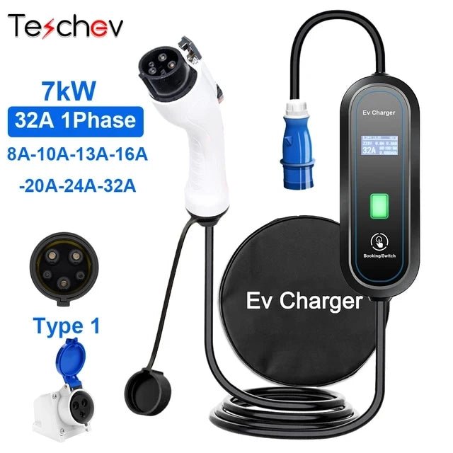 Carregador portátil EV Teschev Type2 Cabo 32A 7KW com plugue CEE EVSE Type1 J1772 Caixa de carregamento 5M GB/T Carregador para veículo elétrico