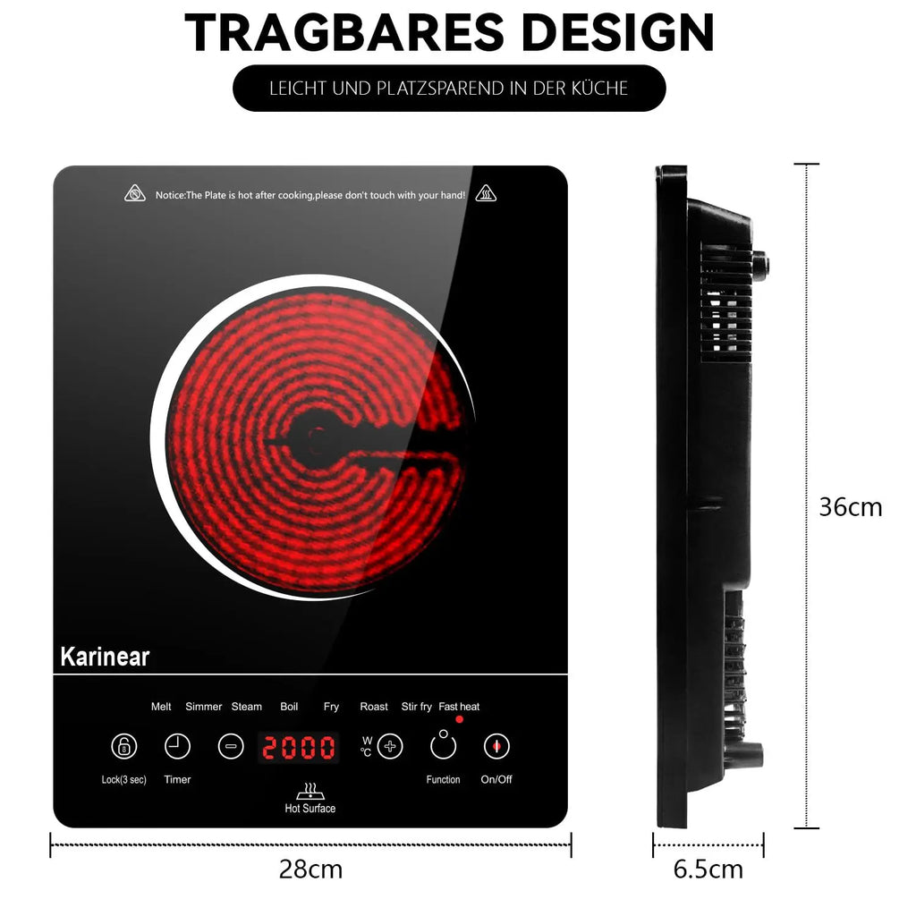 Placa de cerâmica de vidro Karinear 1 placa portátil, 650 ° C Max, Placa Cerâmica 1 Independente, 2000 W, Placa 1 Placa com Plugue, Temporizador