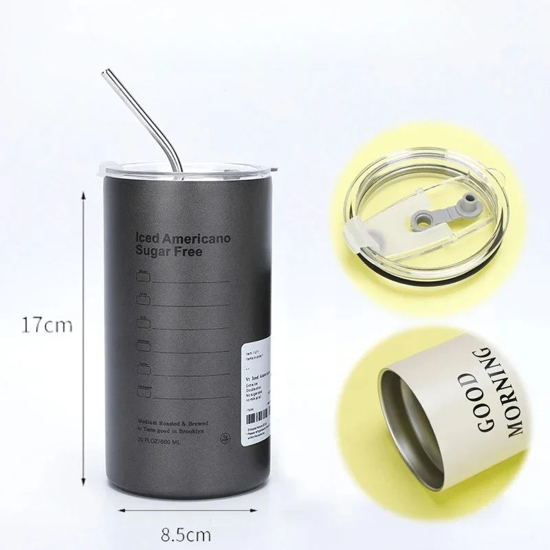 Copo Térmico de Aço Inoxidável 304 de 600ML com Canudo, Copo Reutilizável de Dupla Camada para Café Americano Gelado e Água Fria, Portátil