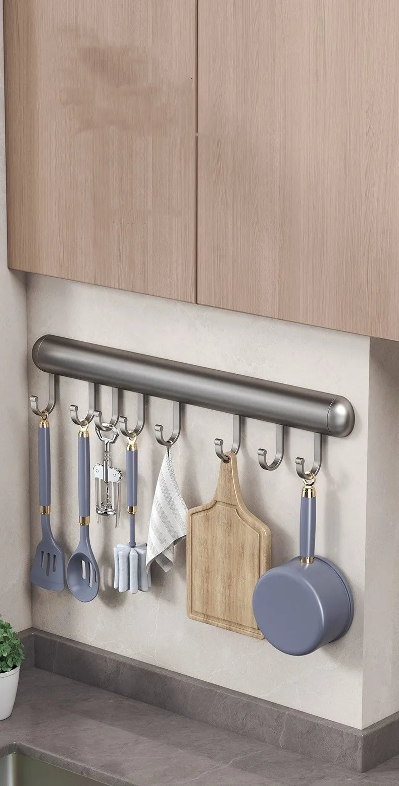 Suporte de gancho de cozinha, haste de suspensão sem perfuração, rack de armazenamento de parede, espátula, colher, espaço removível, cabides de gancho de alumínio