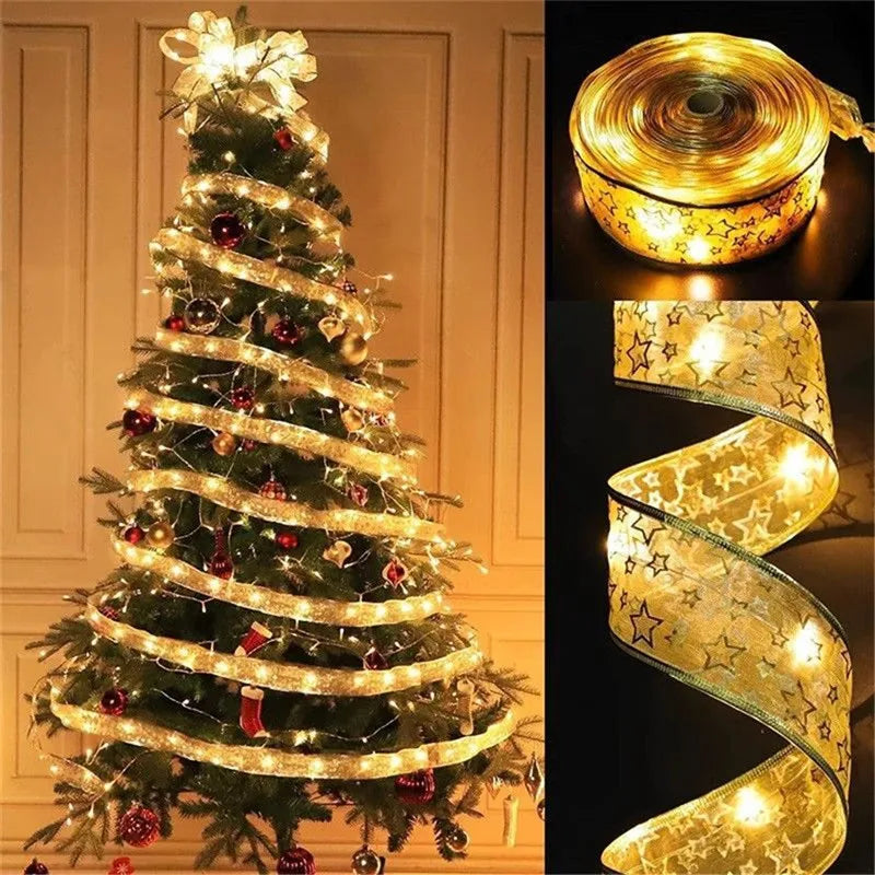 LED Ribbon Fairy Lights para Natal, enfeites de árvore de Natal, decoração, DIY Bows, String Light, Ano Novo, 2025, 2025
