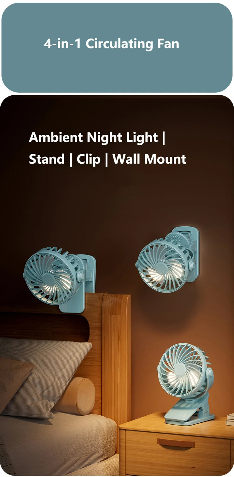 Mini Ventilador Portátil 720 ° Ventilador Portátil Recarregável USB com Lâmpada Noturna Integrada e Rotação, Fluxo de Ar Potente para Viagens, Camping e Atividades ao Ar Livre