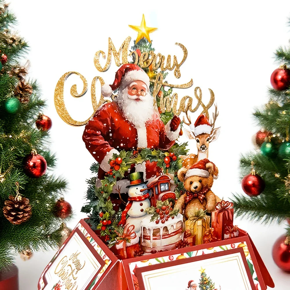 Cartões de Natal com Tema de Árvore de Natal, Papai Noel e Rena, Cartão Pop-Up 3D com Envelope, Suprimentos de Decoração para Festas de Fim de Ano, 1 unidade