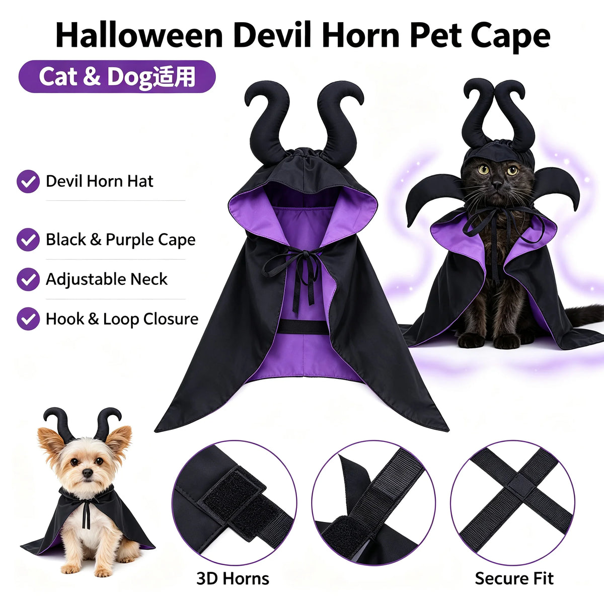 Fantasia de Halloween para Cães e Gatos, Capa com Capuz, Capa de Veludo da Maléfica, Ajustável, Vestuário para Festa de Cosplay, Brinquedo Engraçado de Bruxa para Animais de Estimação