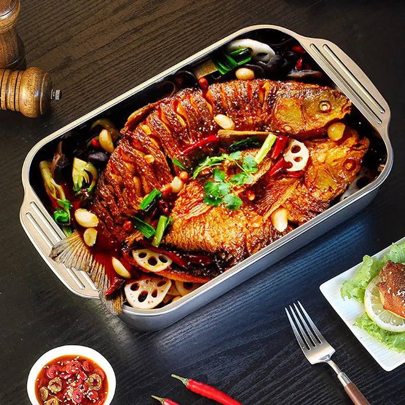 Assadeira Profunda de Aço Inoxidável, Bandeja de Cozimento com Tampa, Panela Resistente ao Calor para Forno, Ideal para Grelhar e Cozinhar Diariamente