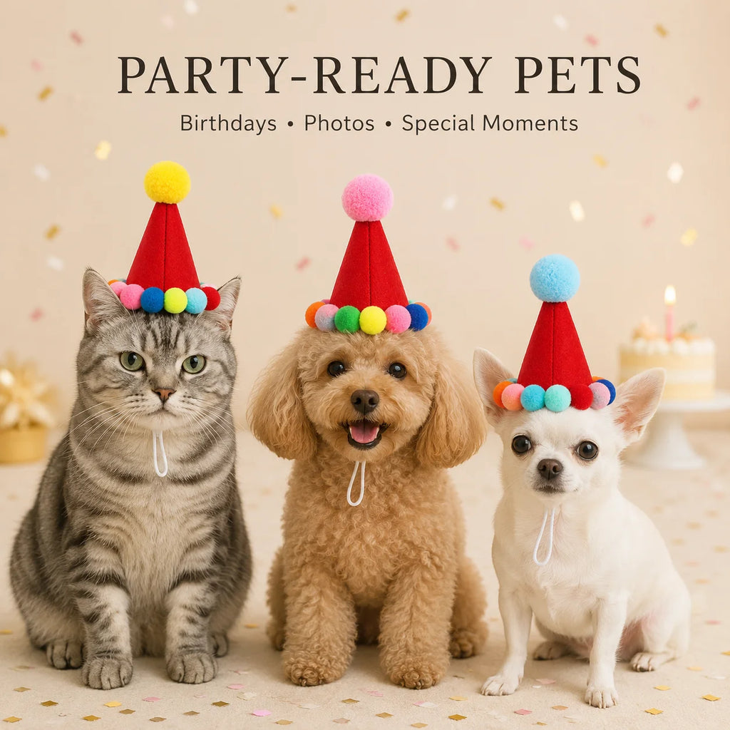 Chapéu de Aniversário para Animais de Estimação, para Gatos e Cães Pequenos, Boné de Feltro Ajustável em Forma de Cone, Fantasia Colorida com Pom Pom, Acessório para Fotos e Celebrações