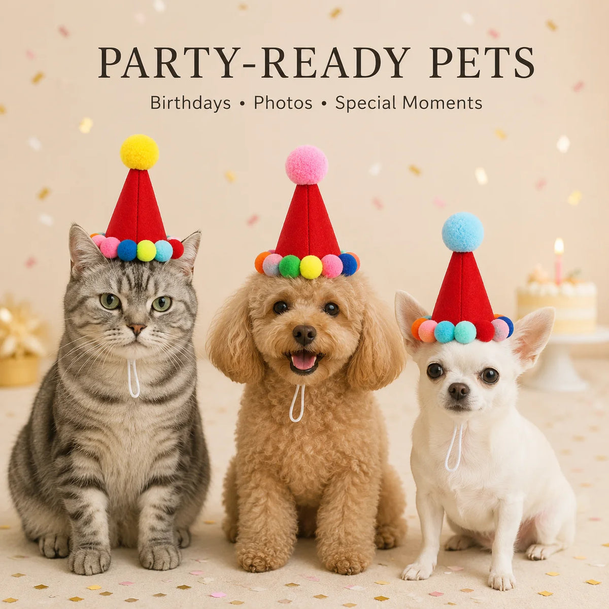 Chapéu de Aniversário para Animais de Estimação, para Gatos e Cães Pequenos, Boné de Feltro Ajustável em Forma de Cone, Fantasia Colorida com Pom Pom, Acessório para Fotos e Celebrações