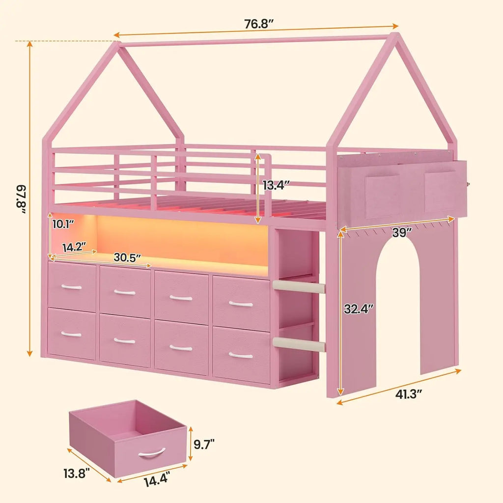 Cama Loft de Tamanho Twin para Crianças, com 8 Gavetas de Armazenamento e Luzes LED, Cama de Metal em Forma de Casa com Estante, Escada de Espuma Macia, 13.4
