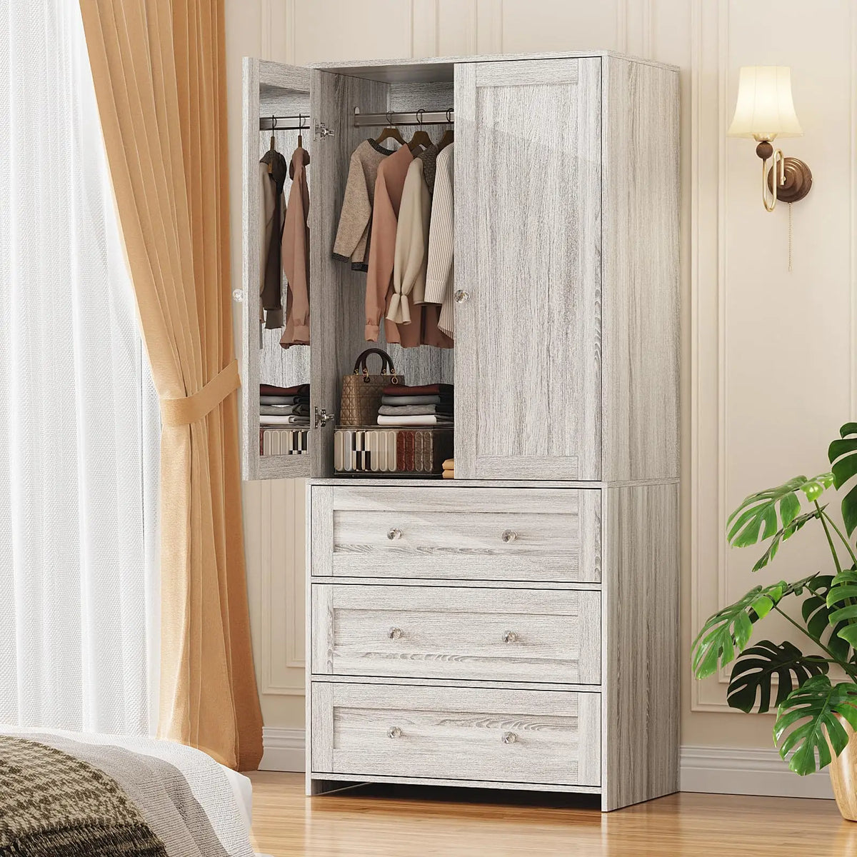 Armário Guarda-Roupa com Gavetas e Espelho, Armário de Armazenamento de Roupas com Barra para Pendurar, Armário de Madeira, Personalizado