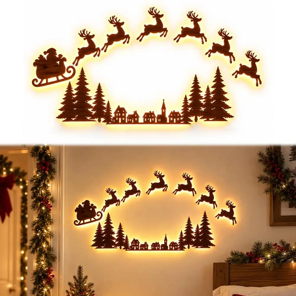 Decoração de parede natalina com luzes LED, trenó do Papai Noel, renas, árvore de pinheiro, encaixe recortado, para pendurar na moldura da porta, decoração para festas e celebrações em casa.