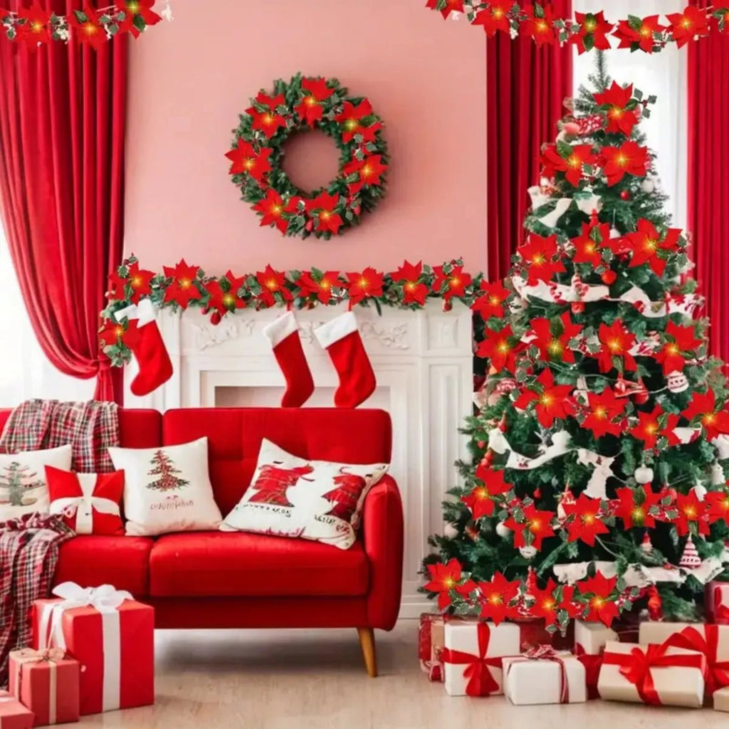 1pc natal 10/20 led guirlanda luzes com bagas vermelhas & folhas de azevinho alimentado por bateria para casa interior lareira decoração de natal