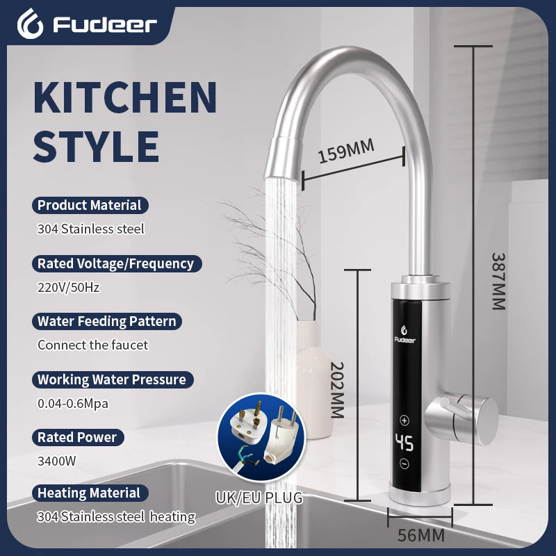 Fudeer 3400W 220V Cozinha Elétrica Aquecedor de Água Torneira Instantânea de Aço Inoxidável Torneira de Água Aquecedor Torneira de Aquecimento Frio
