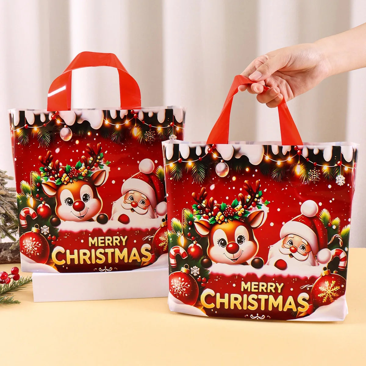 6 Sacolas de Presente de Natal com Tema Papai Noel e Rena, Sacolas de Embalagem para Presentes de Ano Novo 2026, Decoração Natalina para Casa