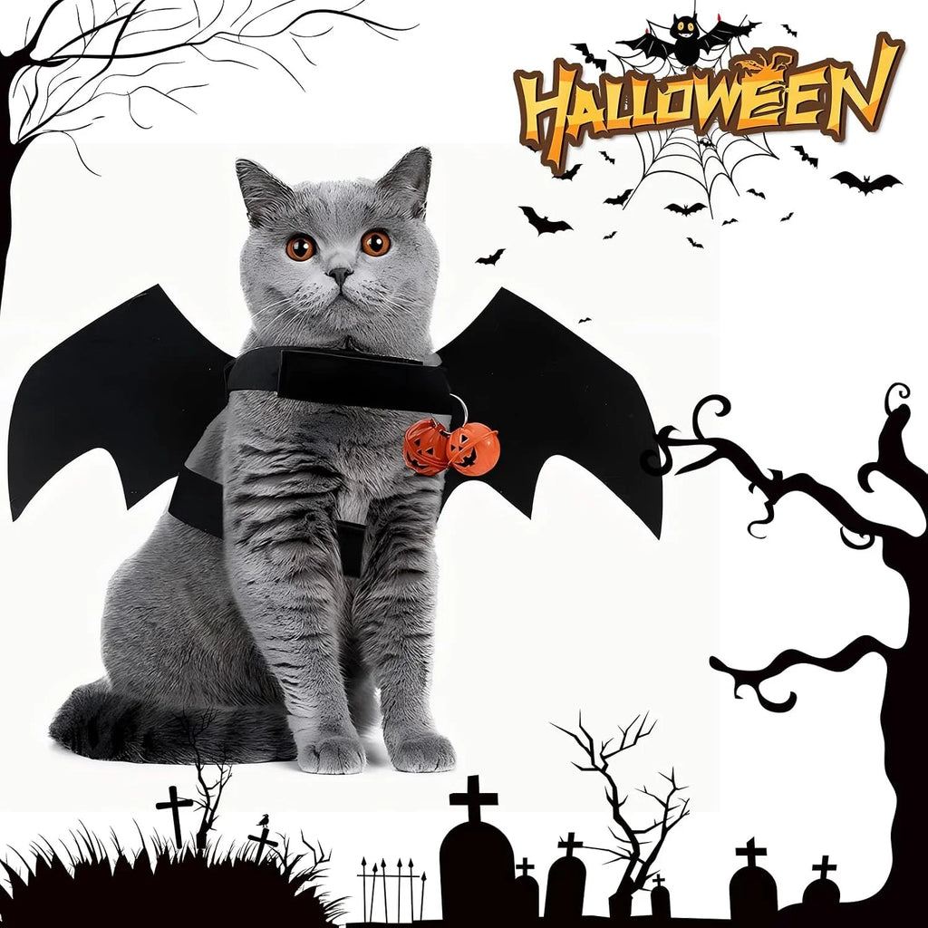 Fantasia de Halloween para Pets: Asas de Morcego para Gatos e Cães com 2 Sinos de Abóbora – Roupa de Cosplay para Gatos e Cães Pequenos – Diversão para Festas e Fantasiar