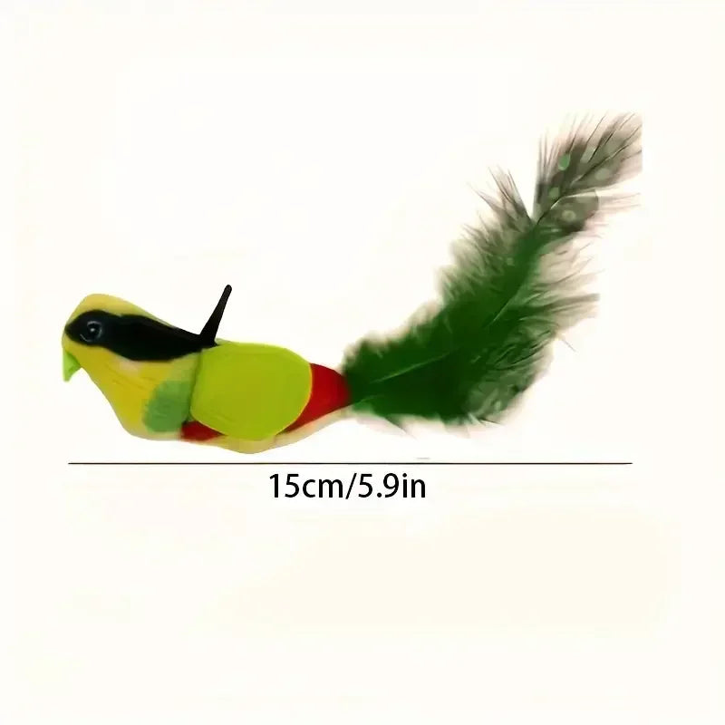 Brinquedo interativo para gatos, em forma de pássaro de pelúcia, ativado por som e fixado na parede, com catnip, para brincadeiras e entretenimento de gatos em ambientes fechados.