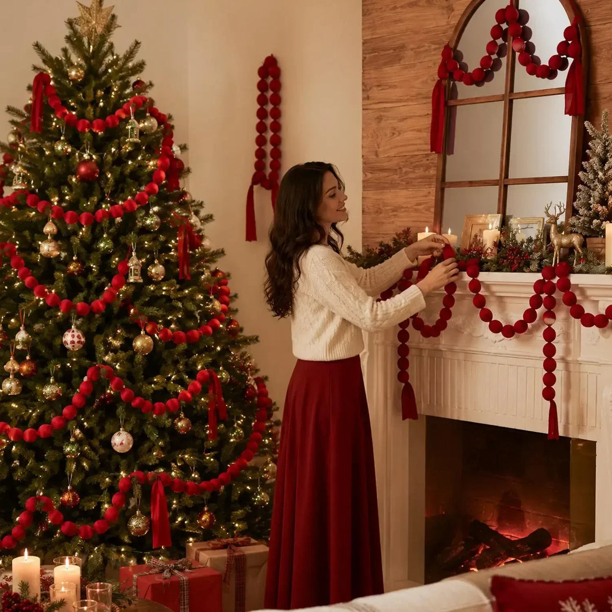 Guirlanda de bolas de Natal para pendurar, bolas de tecido vermelho, cordão para decoração de árvore de Natal, decoração para pendurar na janela, bolas de tecido macio e suave, artigos para festas.