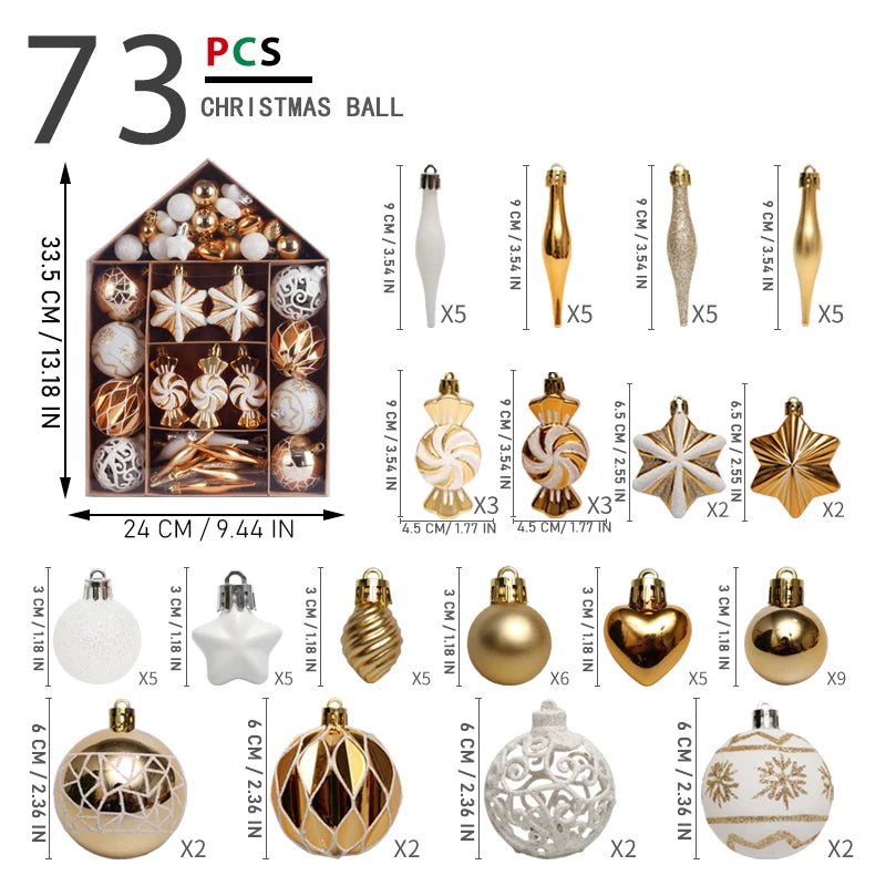    Ornamentos de bola de natal de 73 pces, decorações de suspensão inquebráveis do ornamento da bola de natal para a árvore de natal