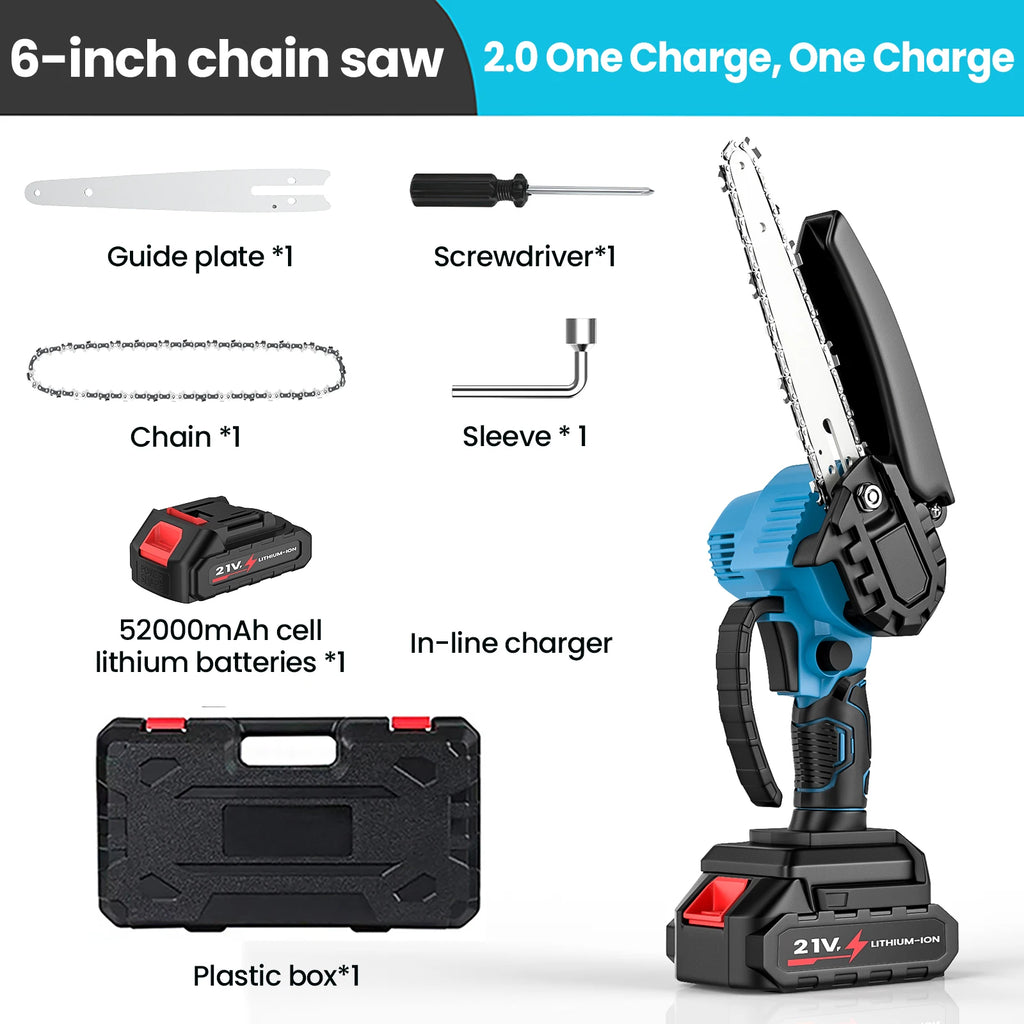 6-Polegada 21v mini motosserra combustível sem fio recarregável portátil pequena serra elétrica bateria ferramenta de jardim com bateria