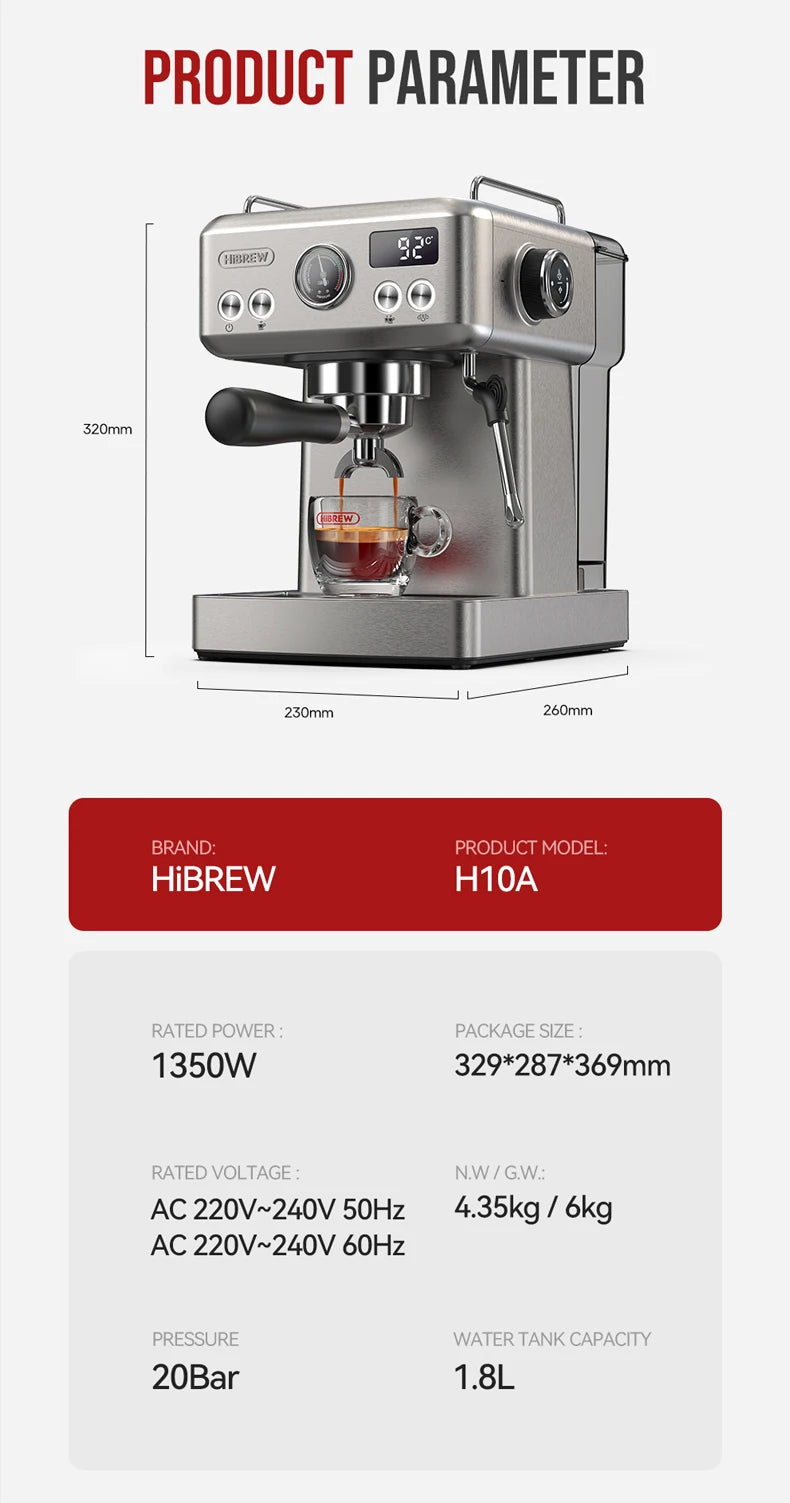 Hibrew 20bar semiautomática máquina de café expresso temperatura ajustável 58mm portátil frio/quente cafeteira metal caseh10a