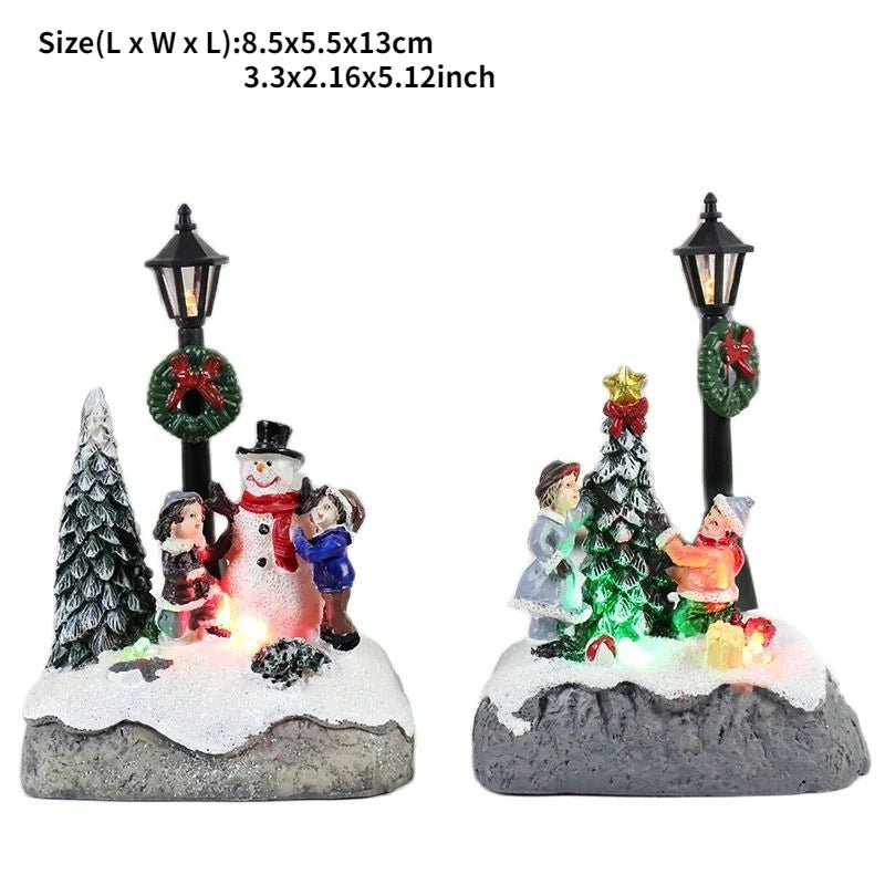 Natal aldeia cena árvore boneco de neve resina ornamento com luzes led animado lâmpada rua estátuas estatueta férias decoração desktop