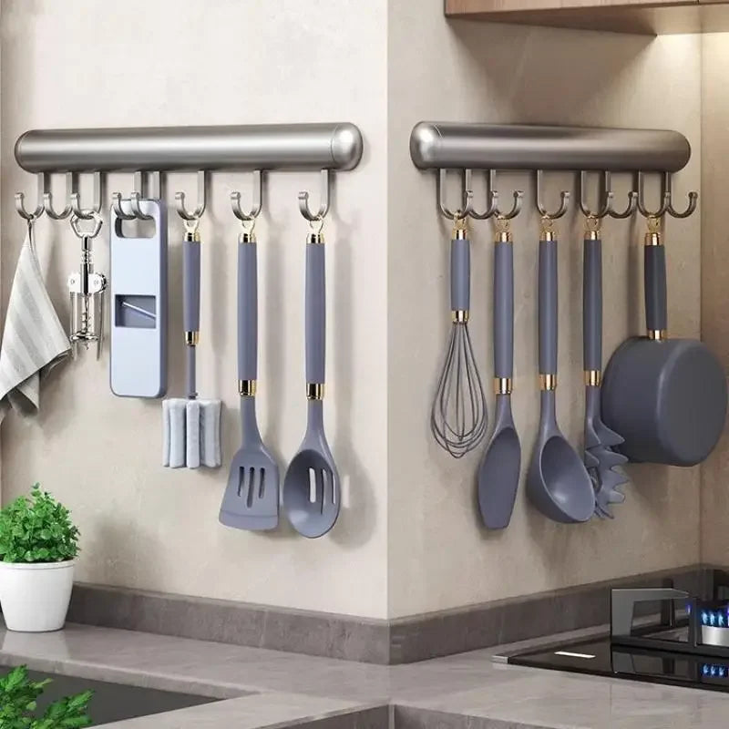 Suporte de gancho de cozinha, haste de suspensão sem perfuração, rack de armazenamento de parede, espátula, colher, espaço removível, cabides de gancho de alumínio