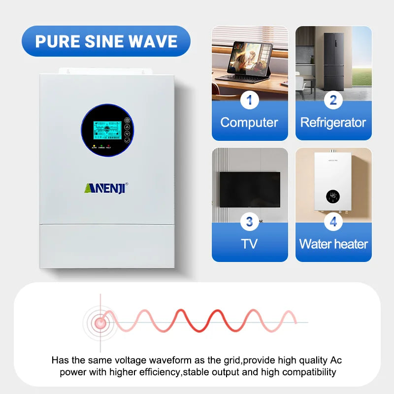 Inversor Solar Híbrido ANENJI de Fase Dividida 12KW 48V com 2 MPPT, AC 120VAC 240VAC, Onda Senoidal Pura, Off Grid, Carregador Solar MPPT 200A, Entrada Dupla PV 500VDC