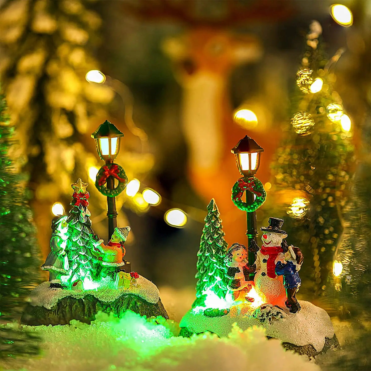 Natal aldeia cena árvore boneco de neve resina ornamento com luzes led animado lâmpada rua estátuas estatueta férias decoração desktop