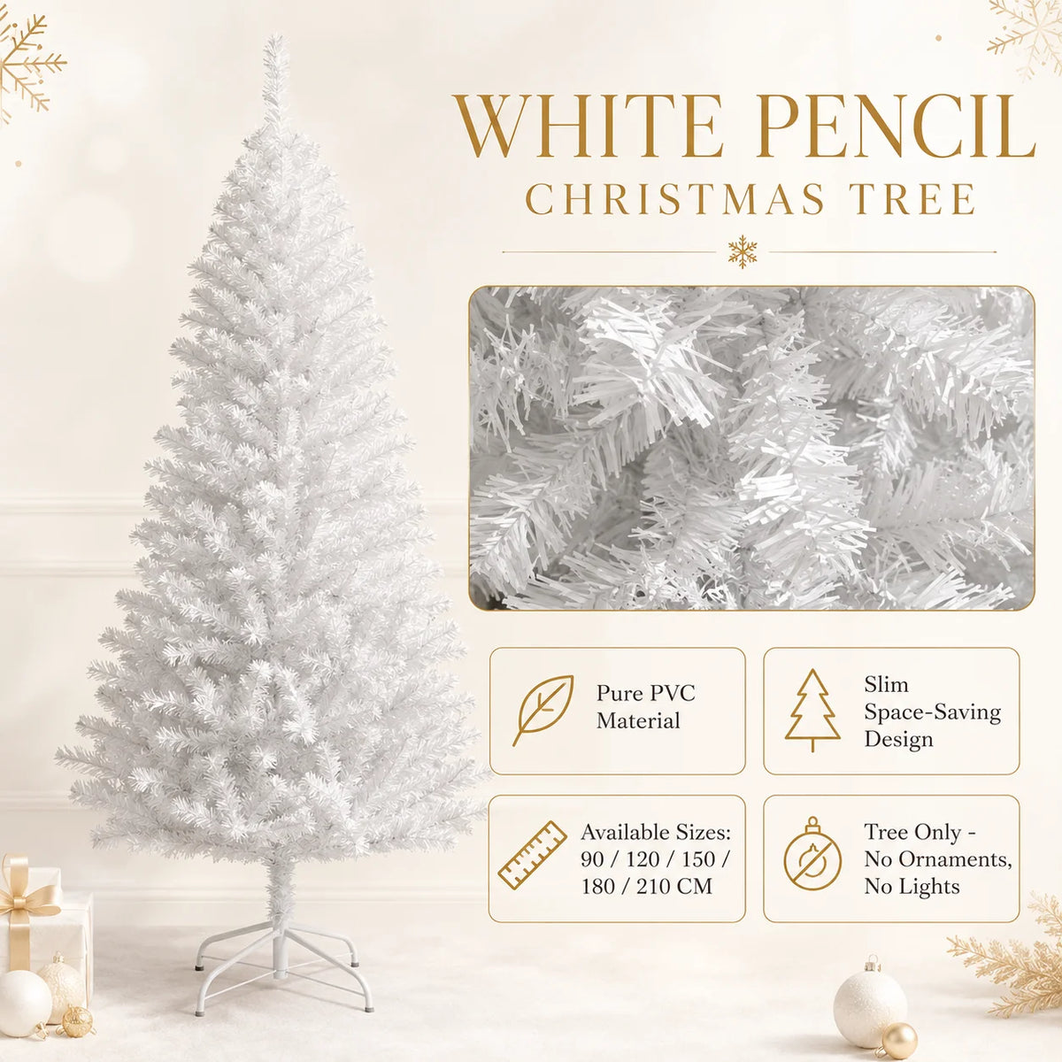 Árvore de Natal artificial branca, em PVC, para decoração de festas, casamentos e eventos, com suporte de metal