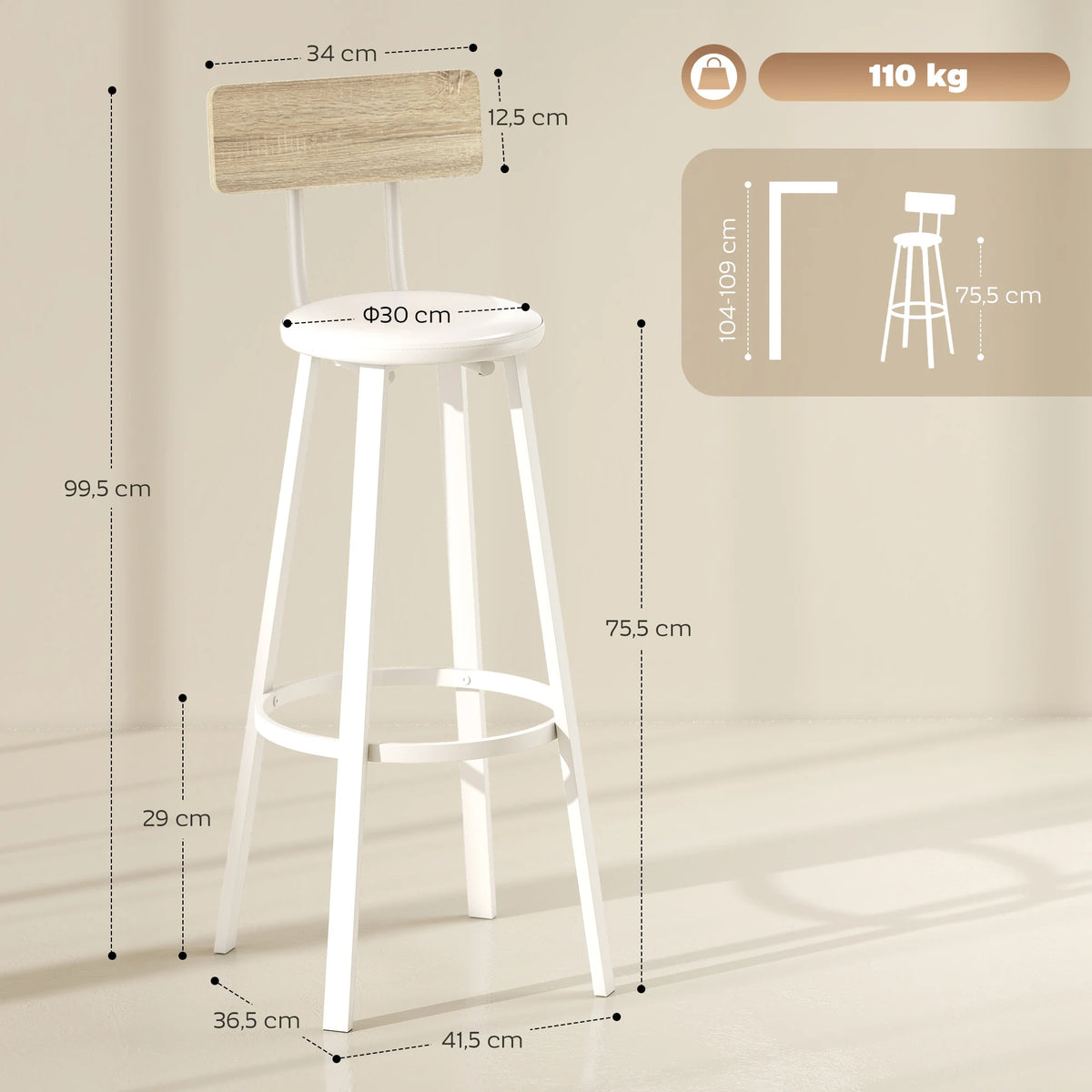 Conjunto Homcom com 2 Banquetas Altas de Cozinha com Encosto e Apoios para os Pés Estofados em PU, Assento de 75,5 cm