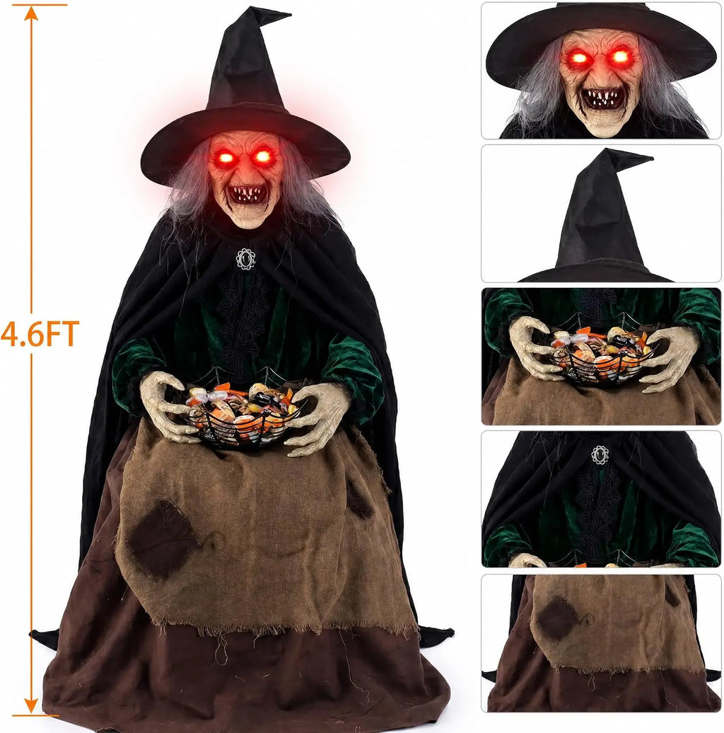 Decorações de Bruxa Animadas para Halloween com Som e Movimento, Olhos Brilhantes, Decoração Assustadora para Varanda e Jardim