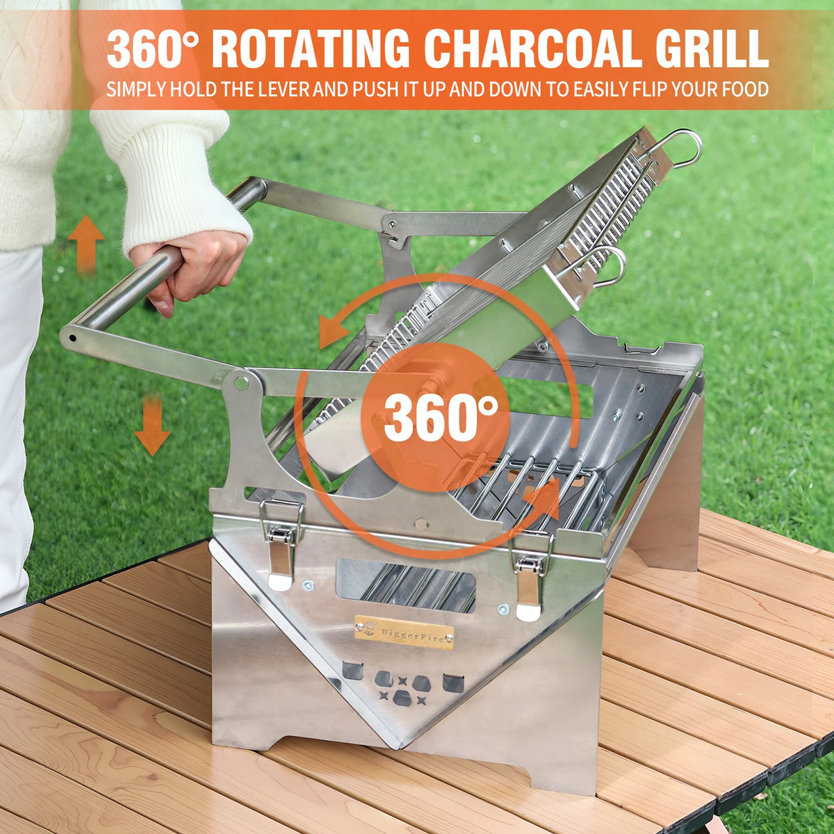 Flip Grill 360 °   Churrasqueira Rotativa, Grelha Manual com Sistema de Empurrar e Puxar para Grelhar com Carvão, Ideal para Acampamentos e Piqueniques ao Ar Livre