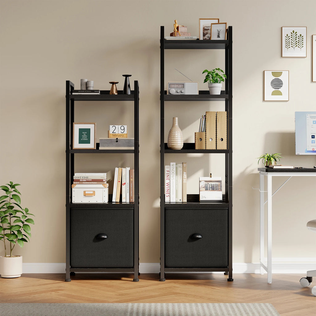 Estante de Livros MCQ de 4-5 Níveis com Gaveta de Tecido, Organizador de Livros Aberto em Madeira e Metal para Sala de Estar e Quarto