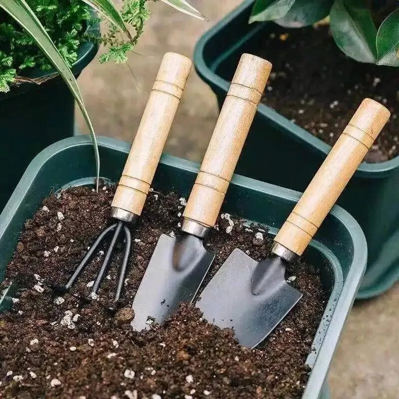 Conjunto de Ferramentas de Jardinagem Mini Portátil 3 Peças/1 Conjunto com Cabos, Pá e Rastelo para Jardinagem Interna e Plantio de Flores