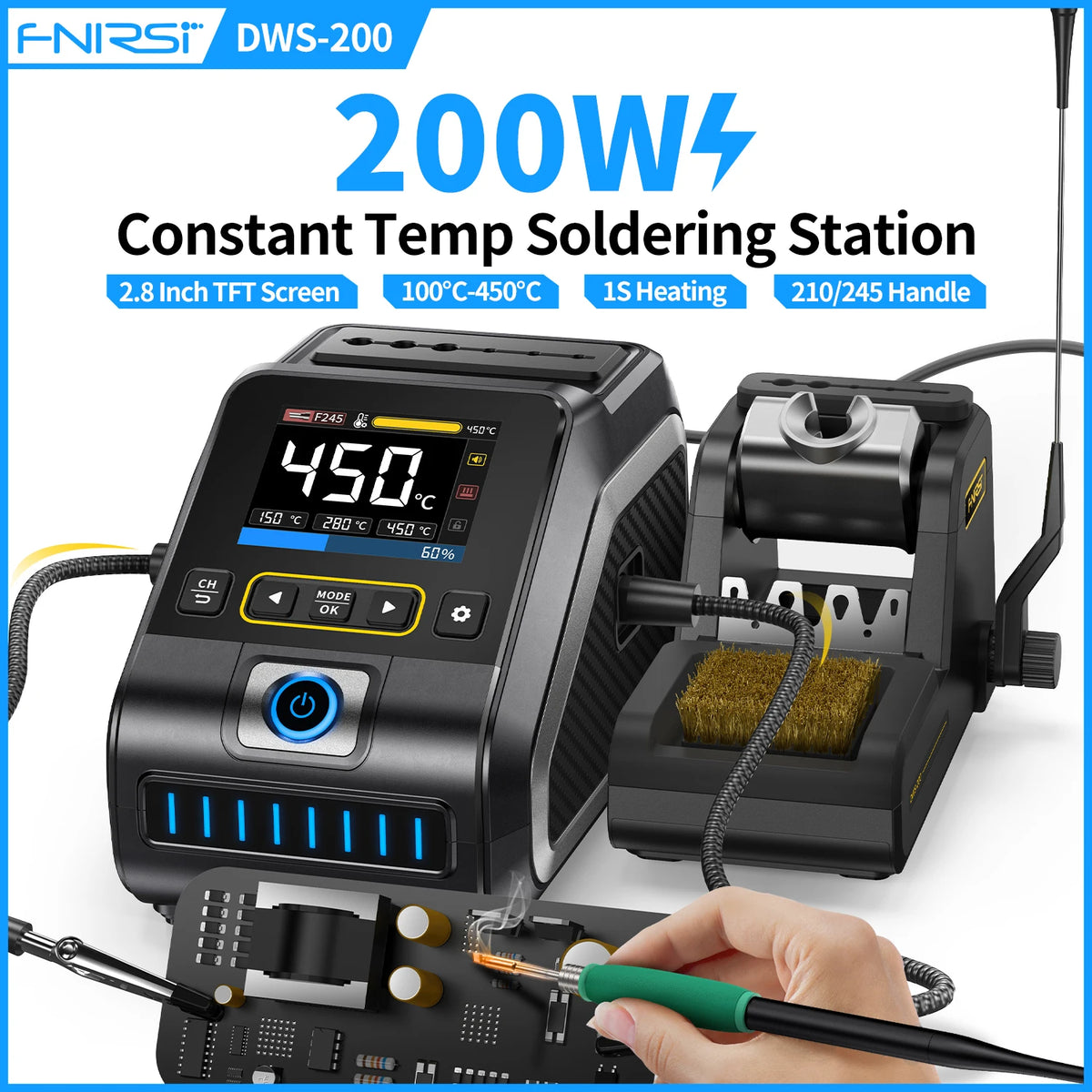 FNIRSI-estação do ferro de solda, DWS-200, 200W, poder reembolsado, aquecimento, punho do ferro da solda, soldadura eletrônica, estação do retrabalho, C210, C245