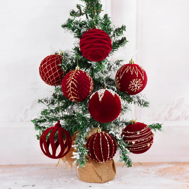 4 pçs 8cm vinho vermelho bola de natal ornamento decoração da árvore de natal esferas pingente textura de veludo bola ano novo decoração para casa