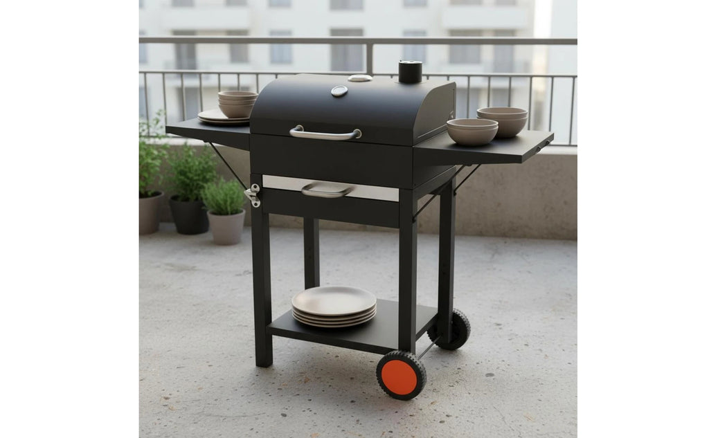 Churrasqueira a Carvão com Rodas e Tampa em Cúpula, Design de Carrinho, para Cozinha Externa, com Chaminé de Ventilação Superior e Controle de Temperatura