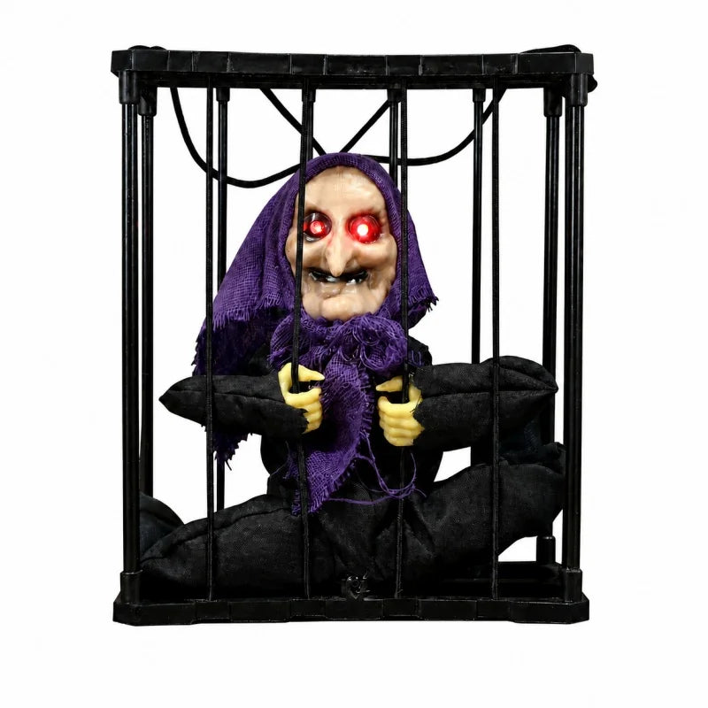 Decoração de Festa de Halloween, Ornamento de Gaiola de Bruxa, Decoração Animada com Olhos Iluminados por Sensor de Movimento, Fantasma Pendurado para Casa Assombrada