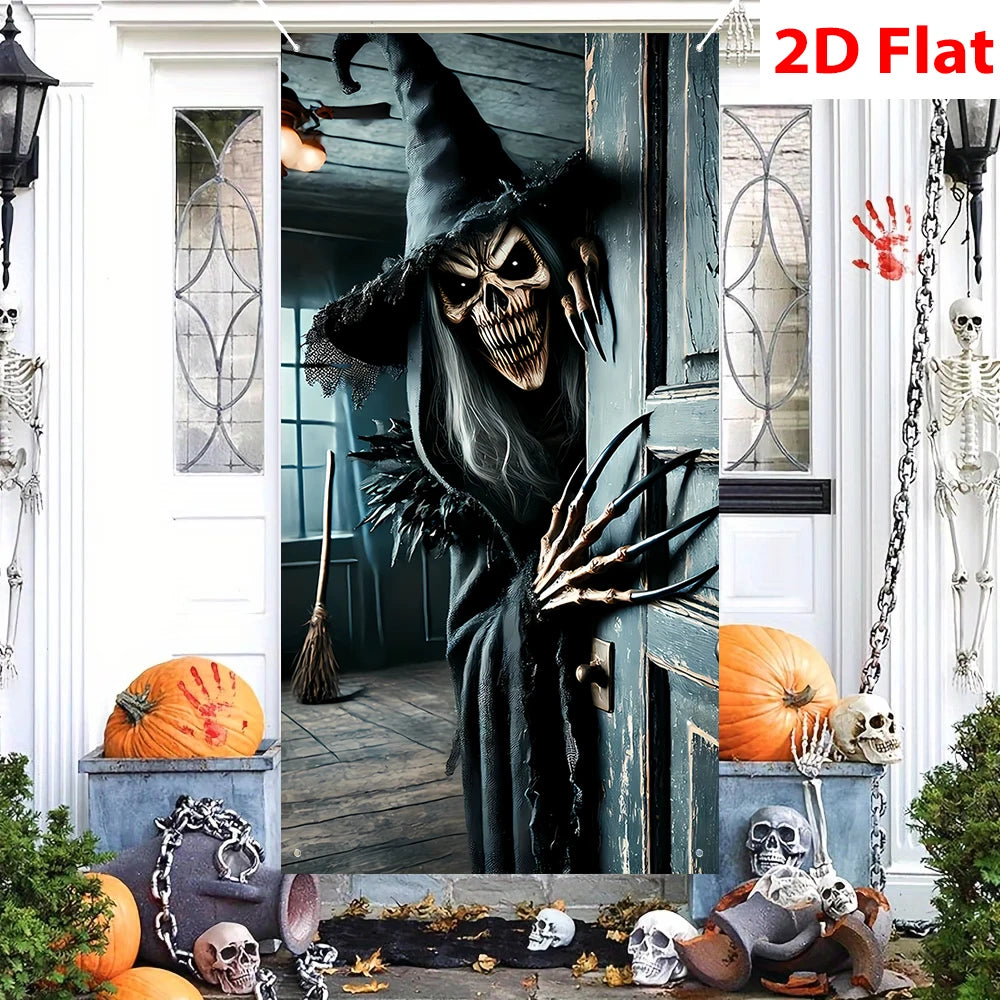 Decoração Assustadora de Halloween: Esqueleto e Bruxa para Porta, Casa Assombrada, Varanda, Garagem, Cenário de Festa de Terror e Fundo para Fotos