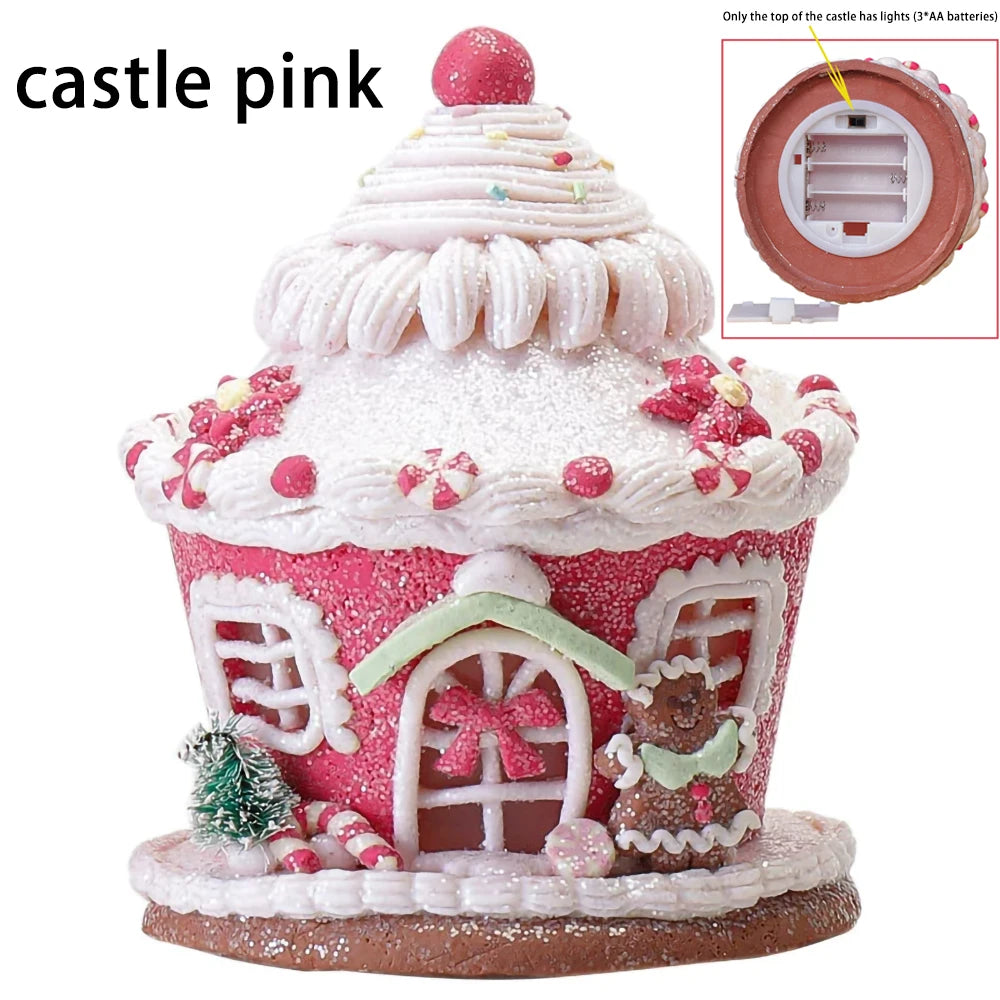 Castelo luminoso de natal, decoração de árvore de natal, ornamentos de argila macia, acessórios fofos de macaron, suprimentos para feriados de natal