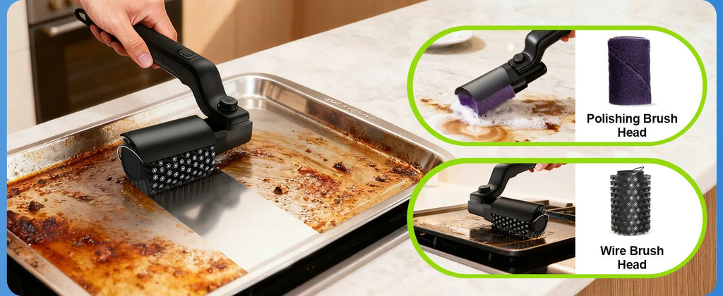 Escova Elétrica para Churrasqueira 2 em 1, Escova de Limpeza Recarregável Sem Fio, Cabeça de Escova em Aço Inoxidável, 3 Velocidades para Grelhas de Churrasco