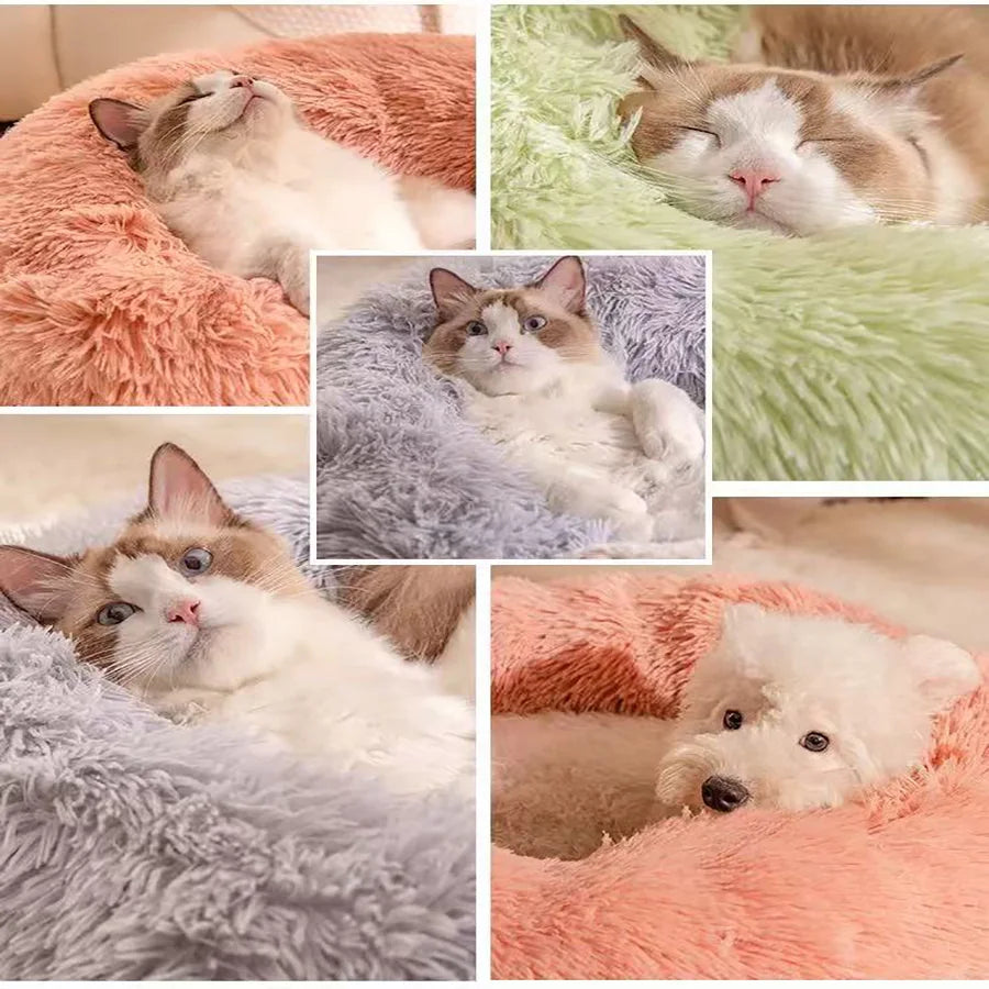 Cama Macia para Gatos e Cães, Almofada de Pelúcia Quente de Pelo Sintético, Cama Redonda Confortável em Formato de Rosquinha, Lavável para Cães e Gatos de Pequeno e Médio Porte