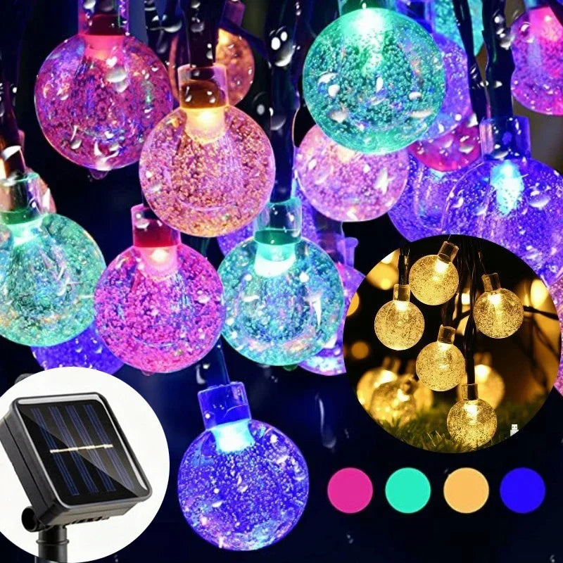 Luzes de cordão solares para exterior, luzes de globo de cristal LED, luzes de fada solares à prova d'água para decoração de jardim, Natal e exteriores