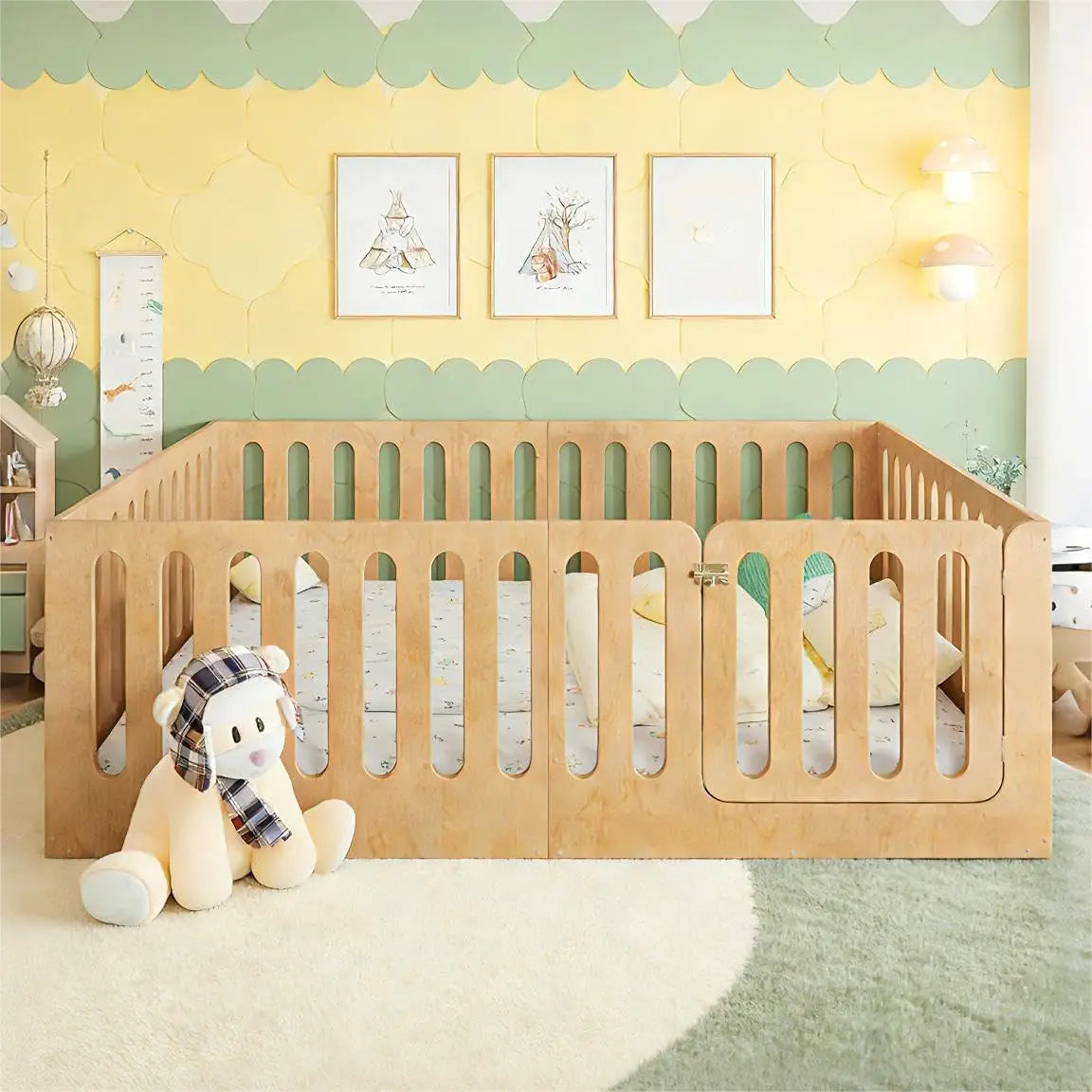 Full Size Montessori Floor Bed Frame with Rails & Door Solid Wood Kids Low Profile Sleep & Play Bed Natural, Customized
