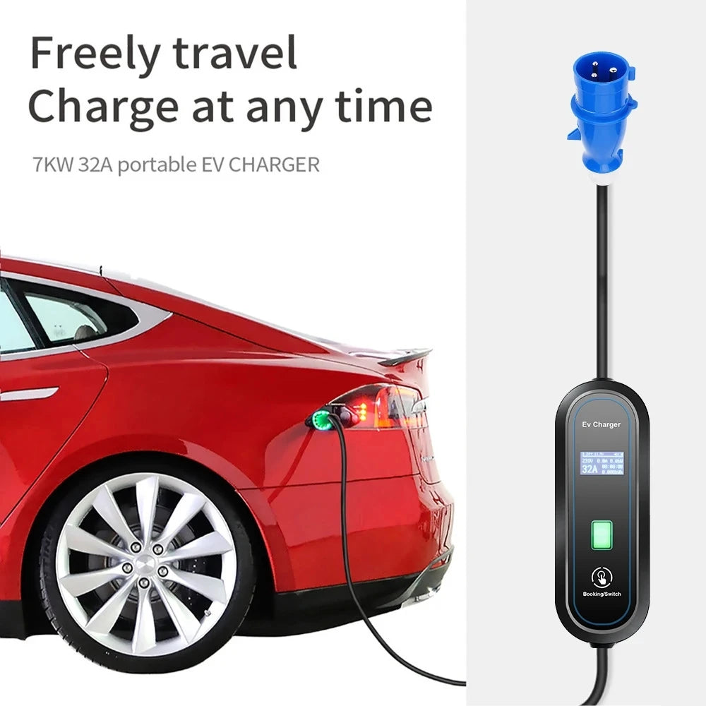 Carregador portátil EV Teschev Type2 Cabo 32A 7KW com plugue CEE EVSE Type1 J1772 Caixa de carregamento 5M GB/T Carregador para veículo elétrico