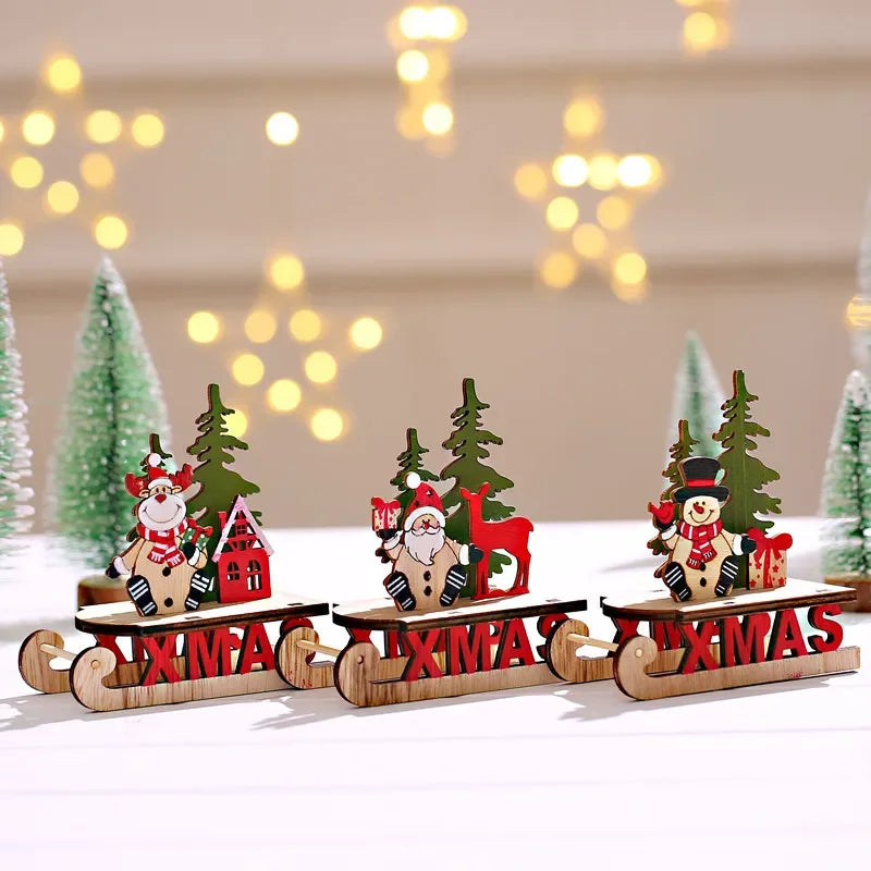 Decorações de natal de madeira diy trenó esqui dos desenhos animados santa ornamento de mesa presente das crianças pequeno presente