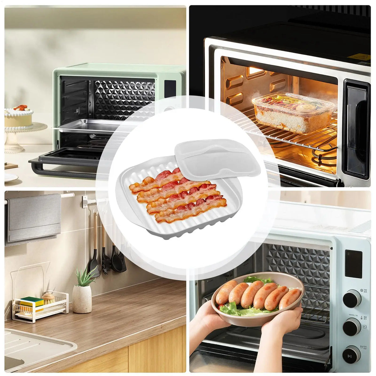 Assadeira para bacon no micro-ondas com tampa, panela para cozinhar bacon no micro-ondas, assadeira para micro-ondas, utensílio de cozinha, adequada para bacon, pizza, assados.
